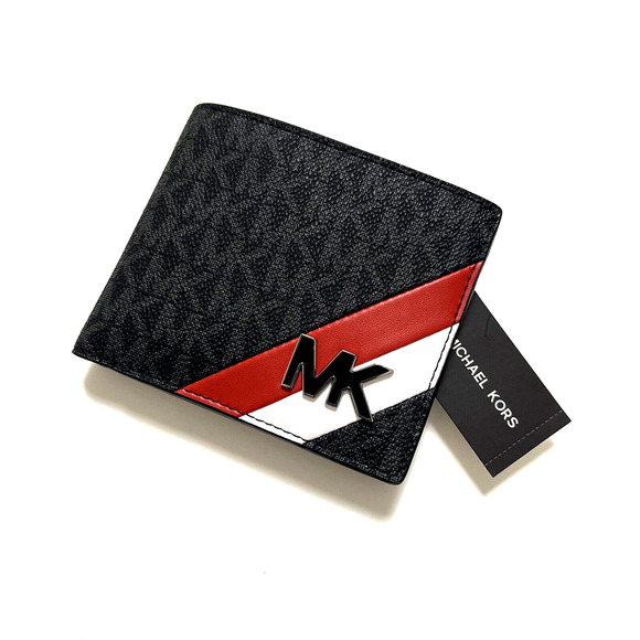 Michael Kors Men’s Billfold Wallet Coin Pocket Black Gray Red Stripe Logo NWT - Picture 2 of 8
